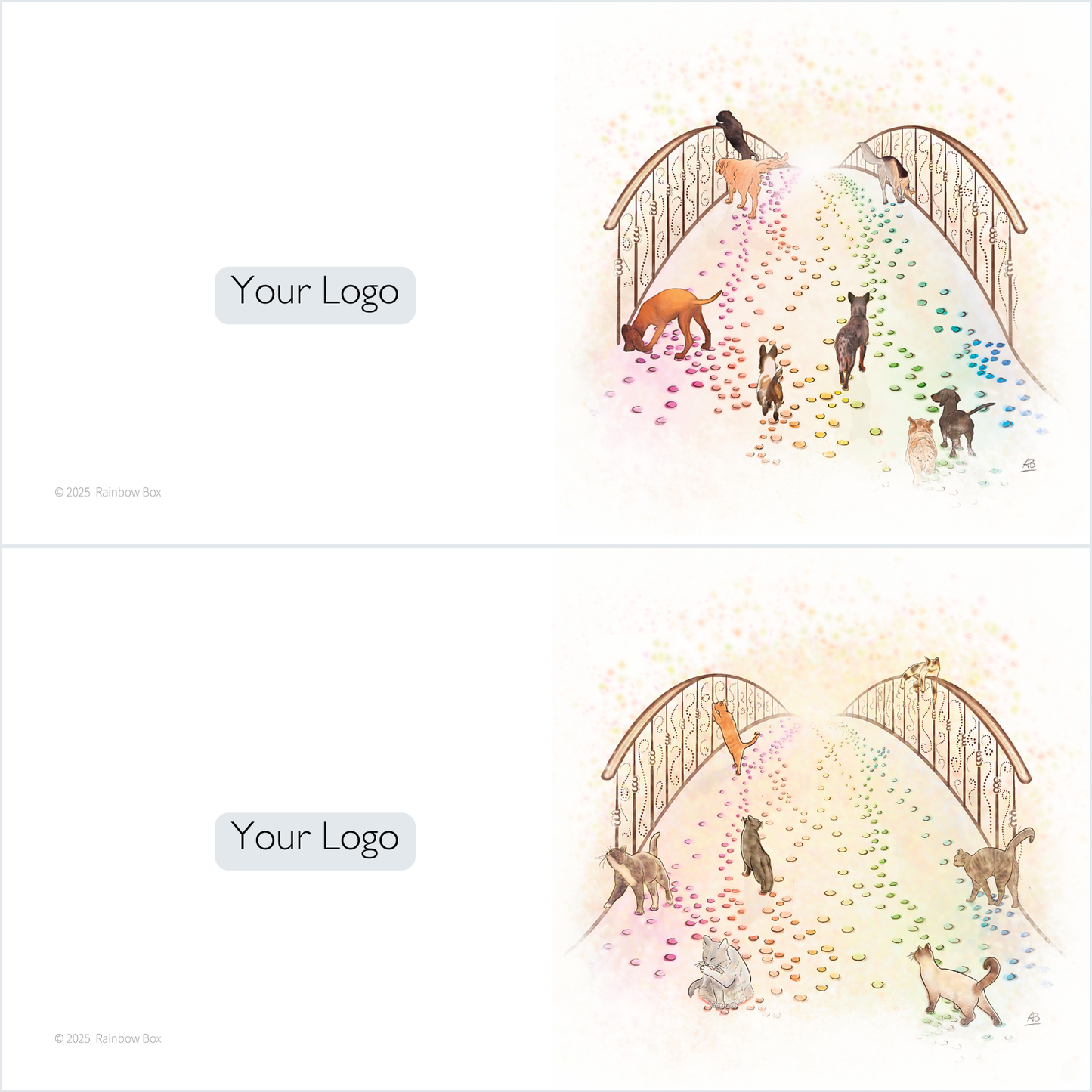 Rainbow Box offers two sympathy card designs with dogs and cats crossing a rainbow bridge with paw prints on a pastel background. Each card features space for your custom logo on the left side.
