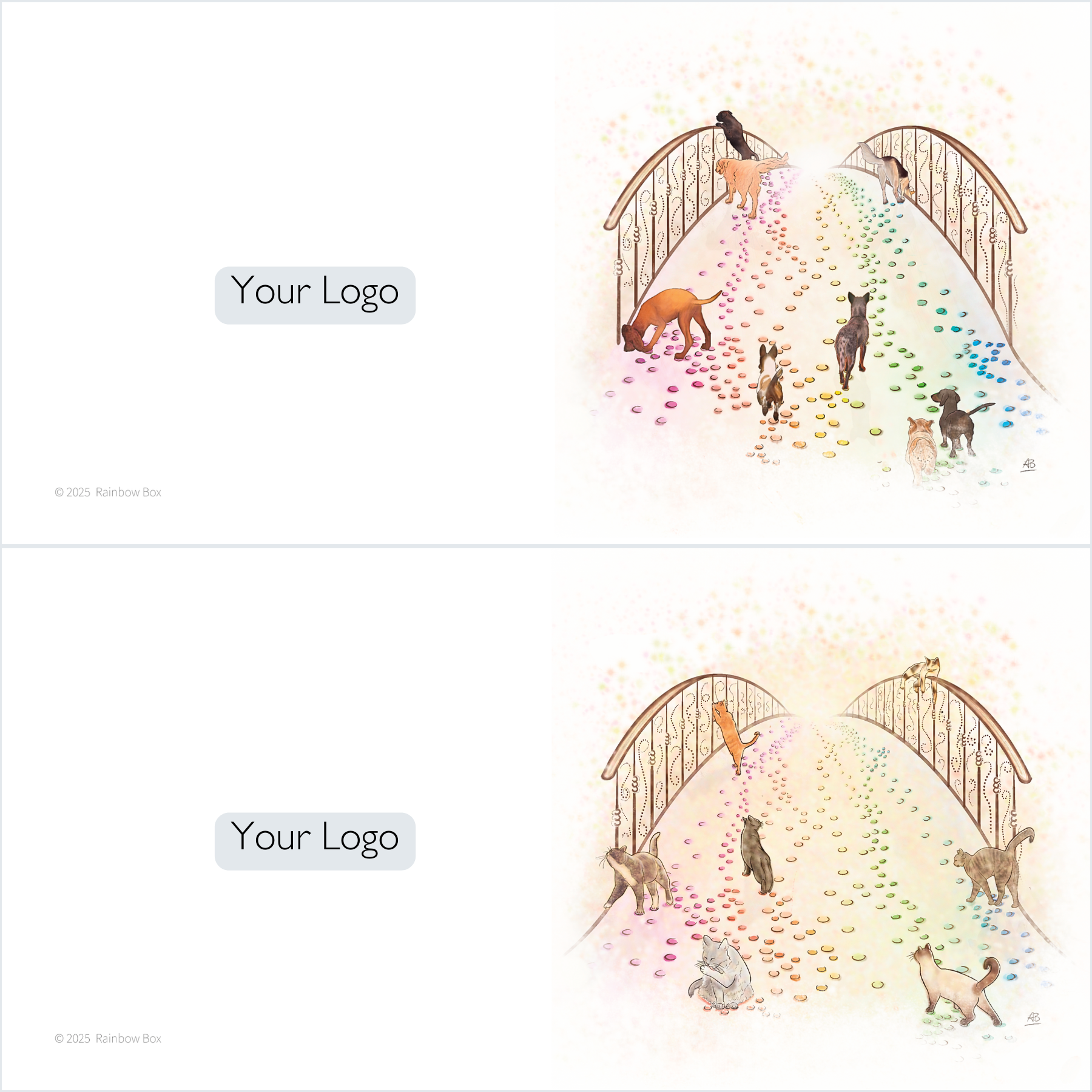 Rainbow Box offers two sympathy card designs with dogs and cats crossing a rainbow bridge with paw prints on a pastel background. Each card features space for your custom logo on the left side.