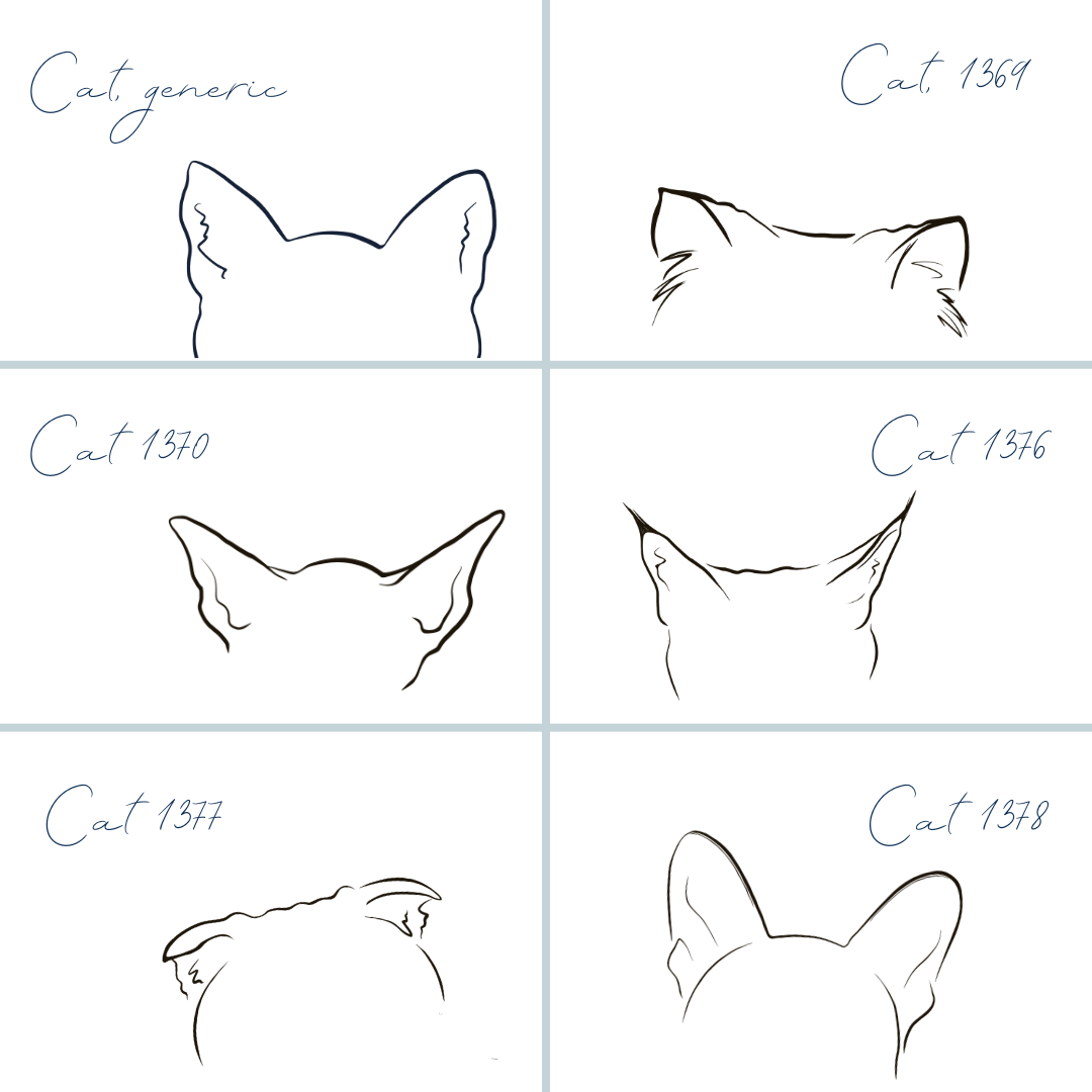 For Pets Sake features six minimalist line drawings of different cats ears viewed from behind, each labeled with a handwritten “Cat” and a number or “generic”—celebrating the unique charm of every beloved pet.
