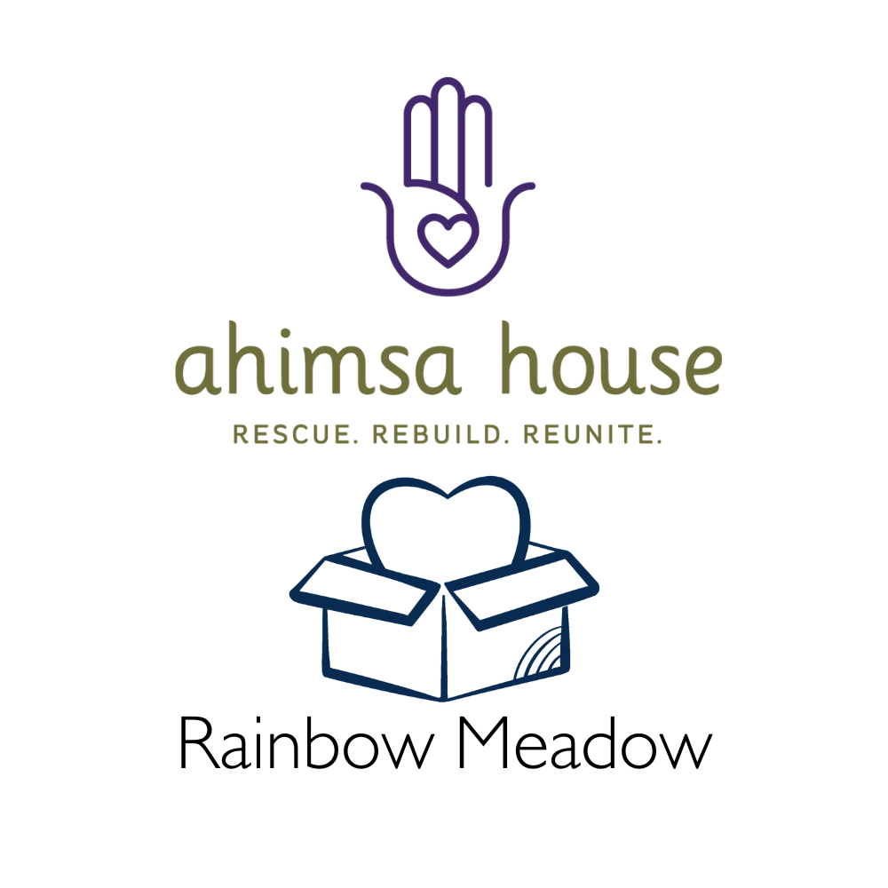Logo of Ahimsa House and Rainbow Meadow icon with a box with a heart .