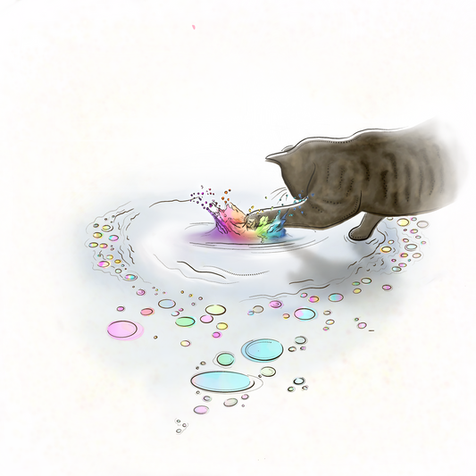 A sympathy card illustration featuring a stylized cat's paw playing with a multicolored water puddle, with circular multicolored patterns and a rainbow-colored streak.