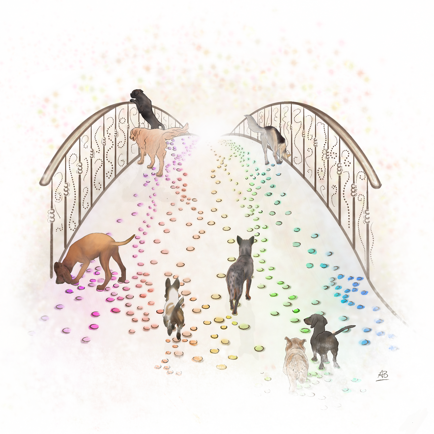 A sympathy card featuring an artistic representation of various breeds of dogs and a rainbow bridge, with a colorful backdrop and a customizable logo for use in veterinary clinics.
