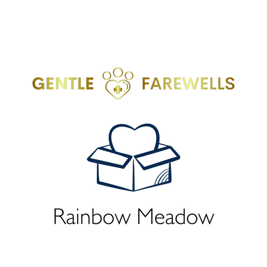 A graphic image featuring the logo of Gentle Farewells (and IHE provider) and the icon for the Rainbow Meadow featuring a heart silhouette inside a box with the text 'Rainbow Meadow'.