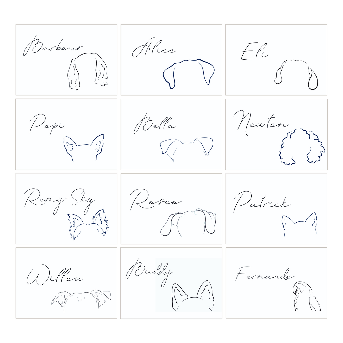 A collection of custom silhouette illustrations of various pets, with names labeled next to each illustration.