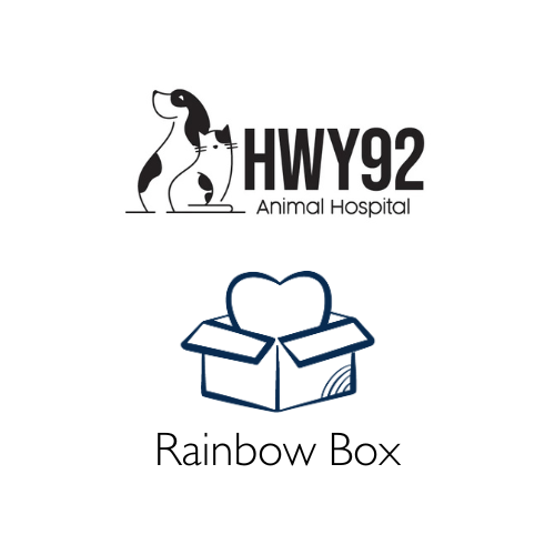 Logo of Highway 92 Animal Hospital featuring a dog and cat silhouette alongside the icon of a Rainbow Box which is a box with a heart symbol on it.