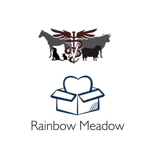 A logo of Red Lake Falls Vet Clinic featuring  silhouettes of a horse, cow, dog, and cat. The image represents the 'Rainbow Meadow' service offered by the clinic.