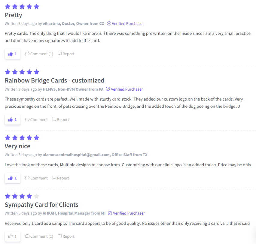 A screenshot of 5-star reviews from VetCove, praising Rainbow Bridge cards.