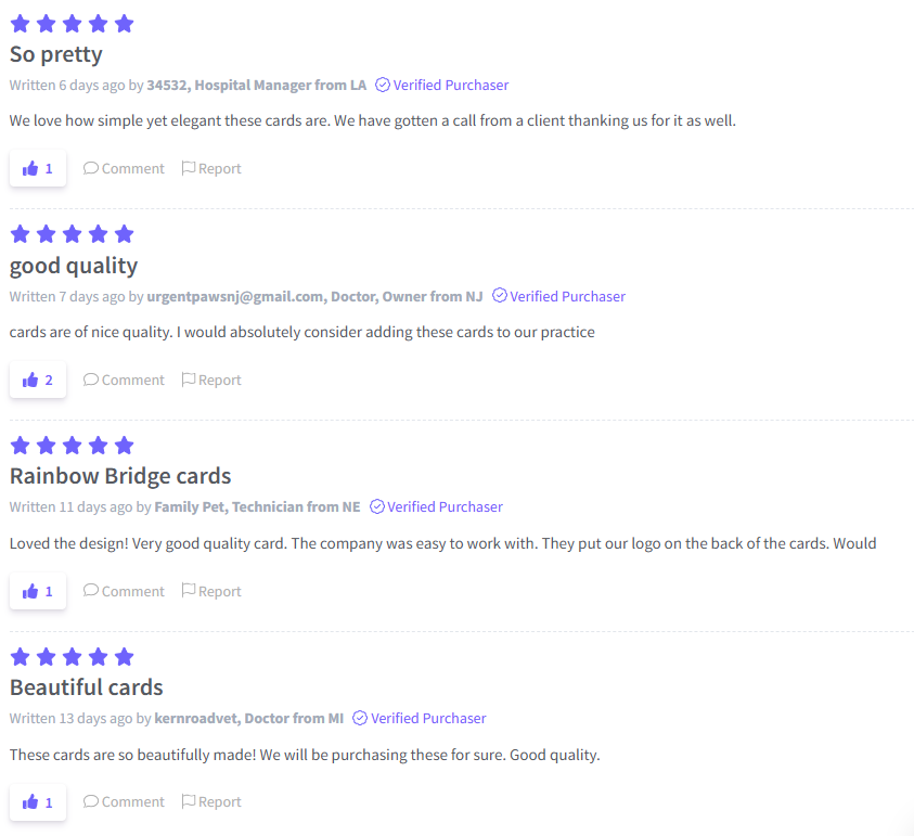 A screenshot of four 5-star reviews praising the quality of Rainbow Bridge sympathy and condolence cards.
