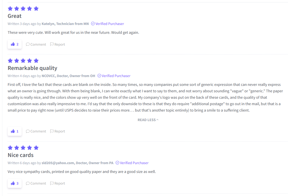 A screenshot of several 5-star reviews for Rainbow Bridge Cards.