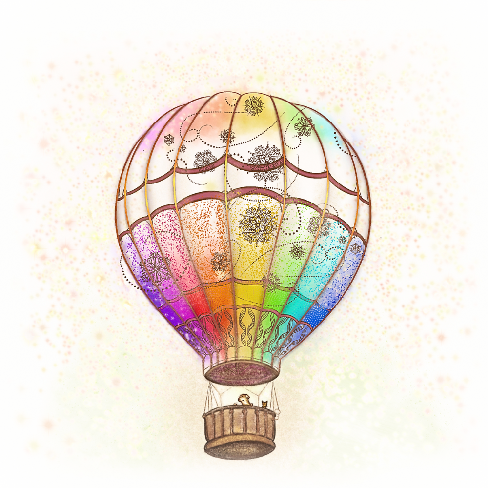 Colorful hot air balloon illustration on a light background for the 'Rainbow Journey' sympathy card