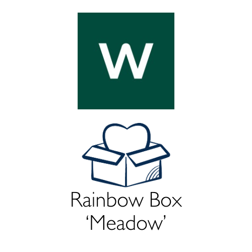 A digital graphic featuring a dark green square with the Wagmo Pet Insurance logo above an icon of an open box with a heart-shaped item inside, with the text 'Rainbow Box' and '"Meadow"' underneath on a plain white background.